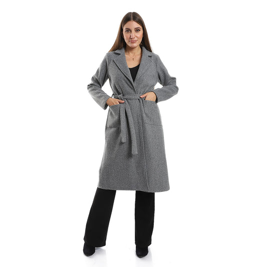 Turn Down Collar Wrap Coat With Adjustable Belt