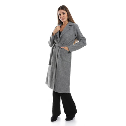 Turn Down Collar Wrap Coat With Adjustable Belt