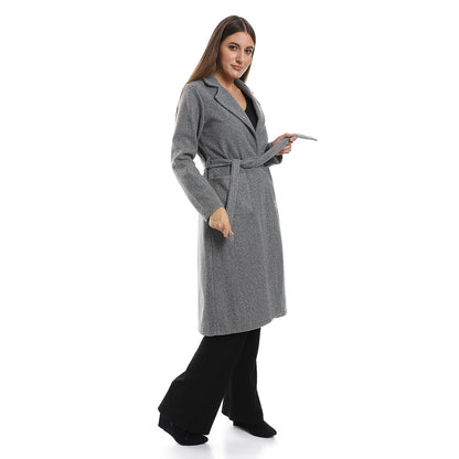 Turn Down Collar Wrap Coat With Adjustable Belt