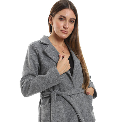 Turn Down Collar Wrap Coat With Adjustable Belt