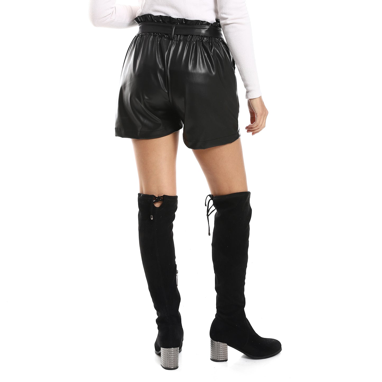 Elastic Waist Leather Shorts With Belt