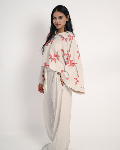 Linen Oversized Embroidered Two-Piece Set – Beige
