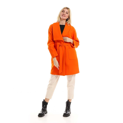 Trendy Belted Wool Blend Coat Orange