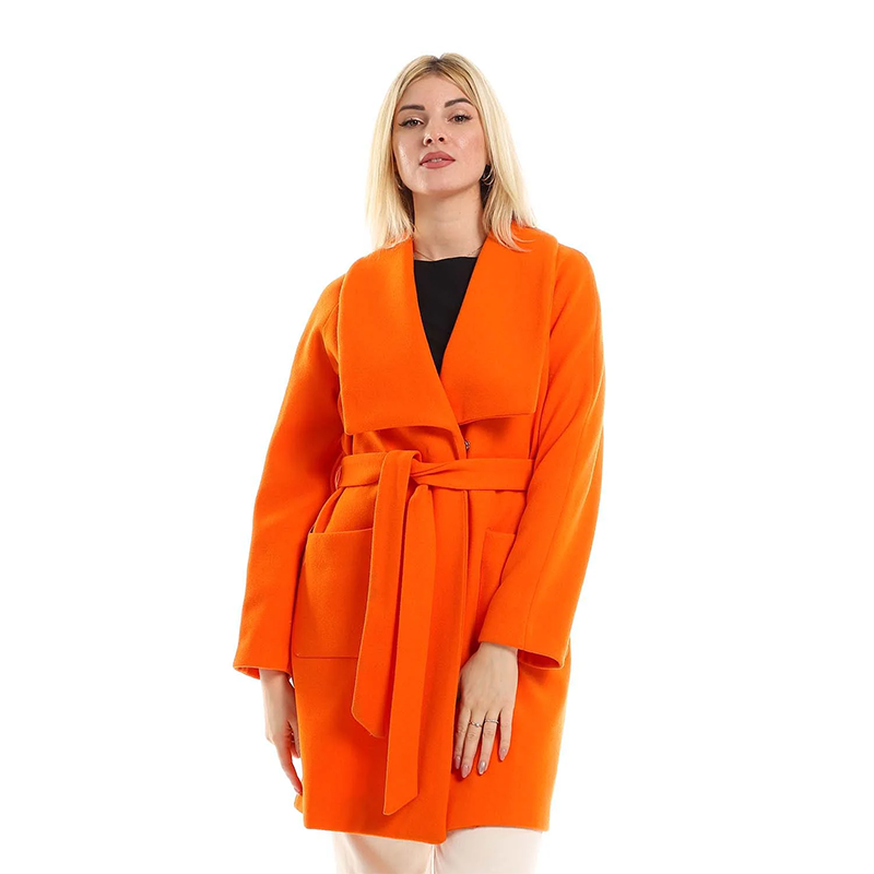 Trendy Belted Wool Blend Coat Orange