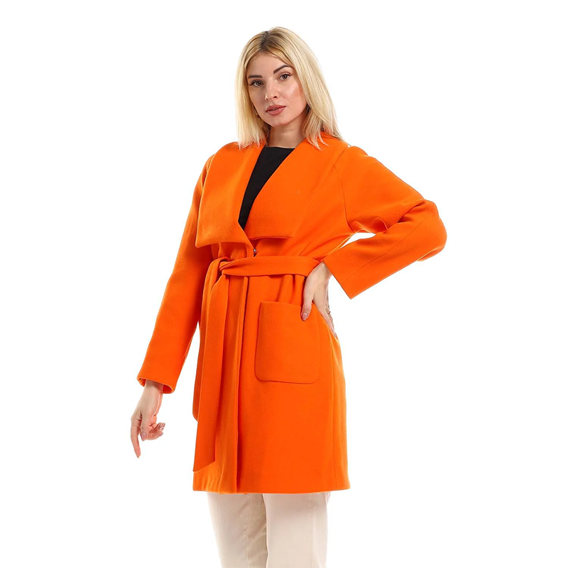 Trendy Belted Wool Blend Coat Orange