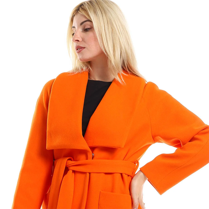 Trendy Belted Wool Blend Coat Orange