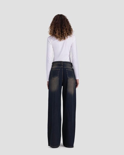 Basic wide-leg pants in dirty washed blue with brown shades