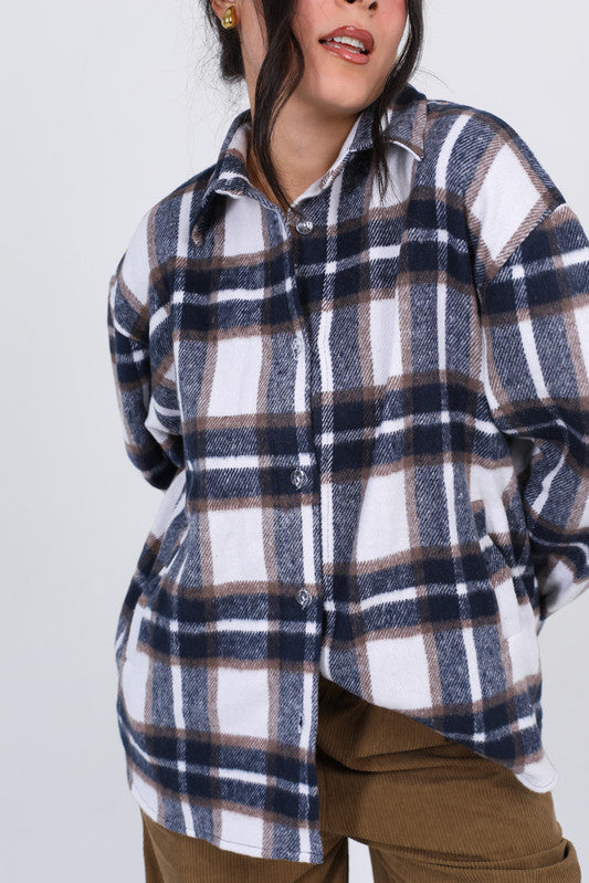 Wool Plaid Oversize Shirt – Brown & Dark Blue