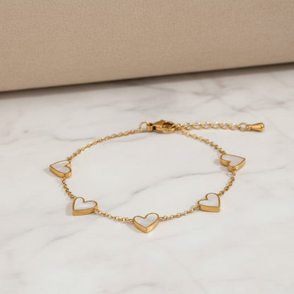 Stainless Steel White Heart Charm Bracelet – Gold