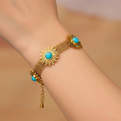 Stainless Steel Turquoise Sun Charm Bracelet – Gold