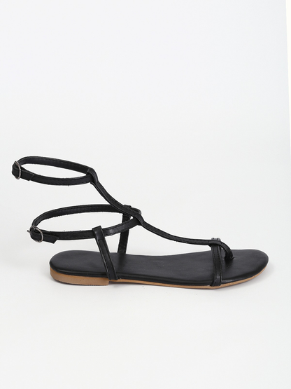 Leather Double Buckle Flat Sandals - Black