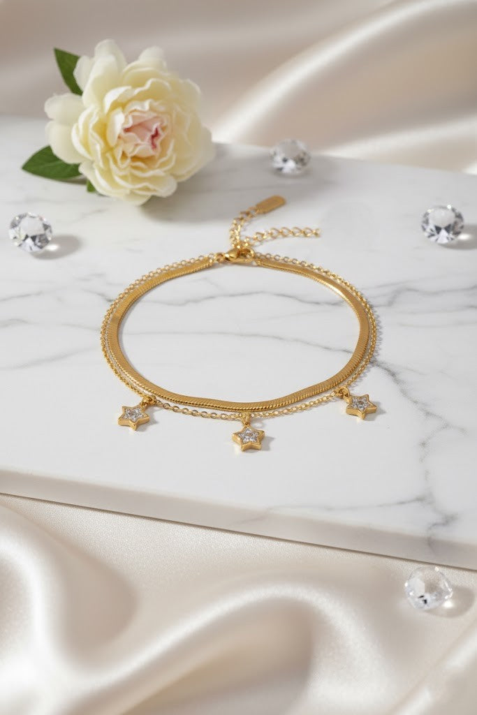 Stainless Steel Double Layer Crystal Star Charm Bracelet – Gold