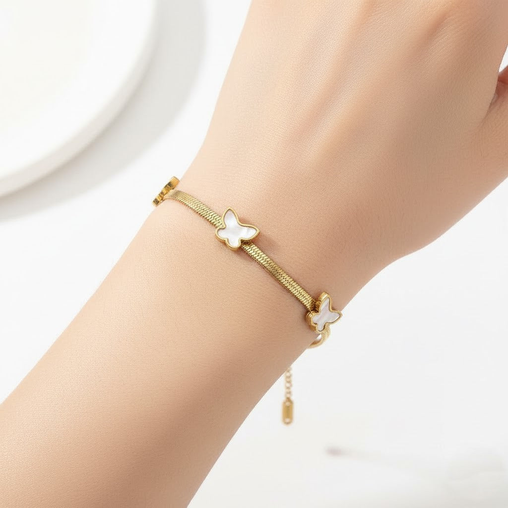 Stainless Steel White Butterfly Charm Bracelet – Gold