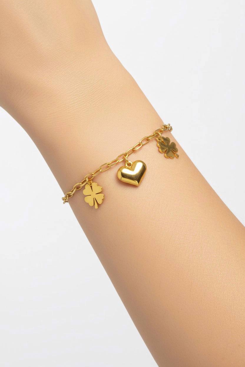 Stainless Steel Clover & Shiny Heart Charm Bracelet – Gold