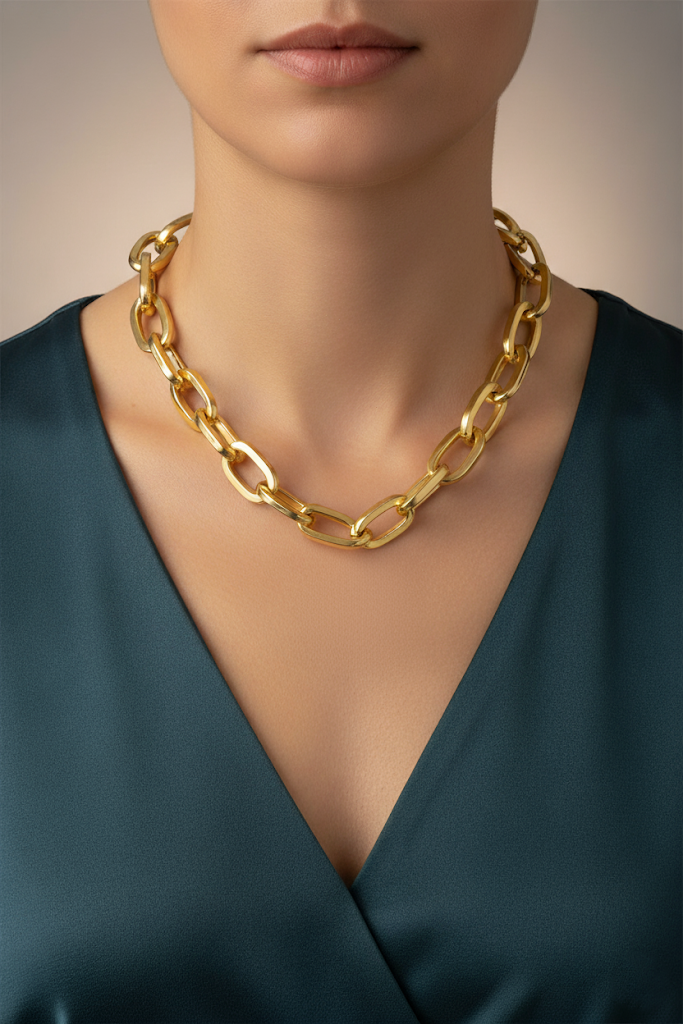 Zinc Alloy Wide Oval Link Chain Necklace – Gold
