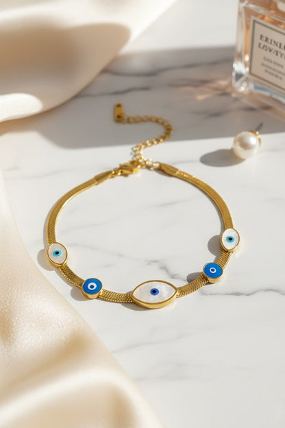Stainless Steel Evil Eye Shell Bracelet – Gold