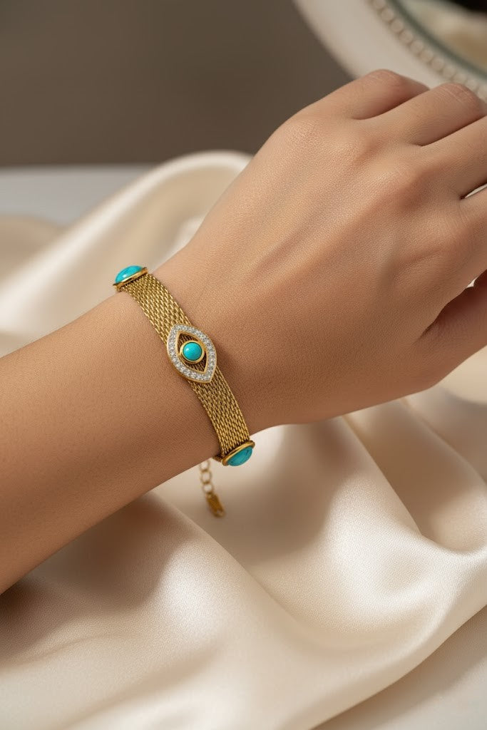 Stainless Steel Evil Eye Mesh Bracelet – Gold