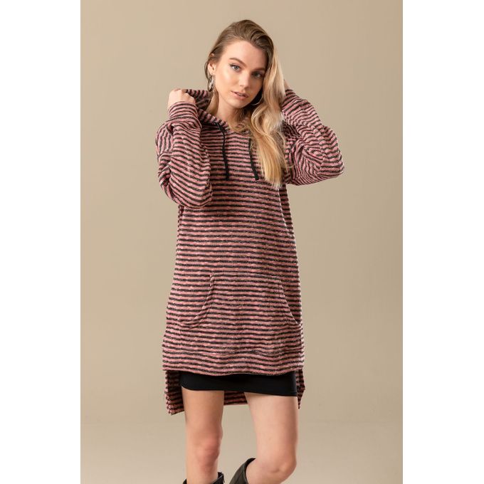 High-Low Striped Fleece Knitted Hoodie