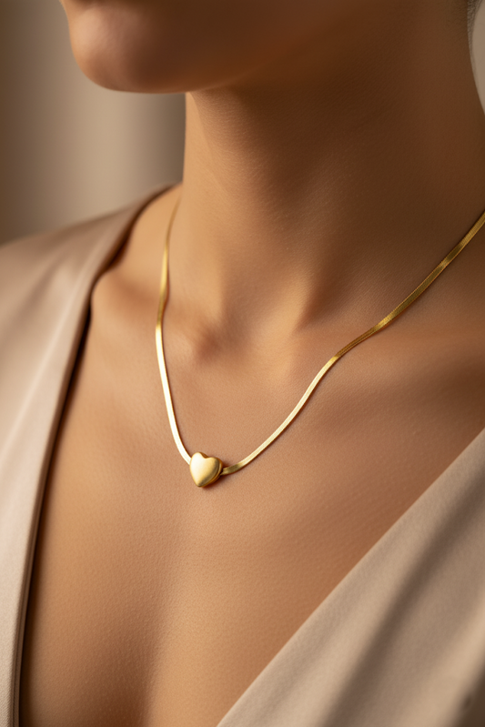 Stainless Steel Snake Chain Necklace with Matte Heart Pendant – Gold