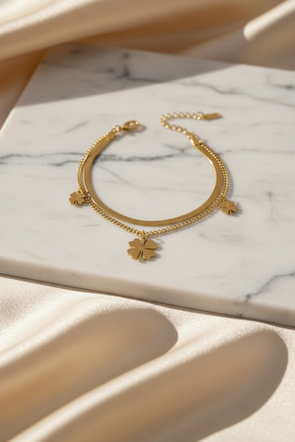 Stainless Steel Two-Layer Clover Charm Bracelet – Gold
