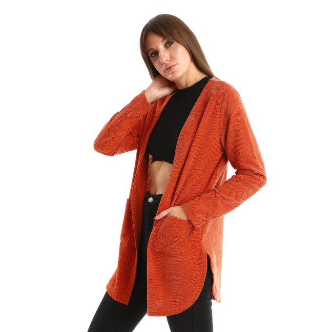 Side Pockets Open Neckline Burnt  Cardigan