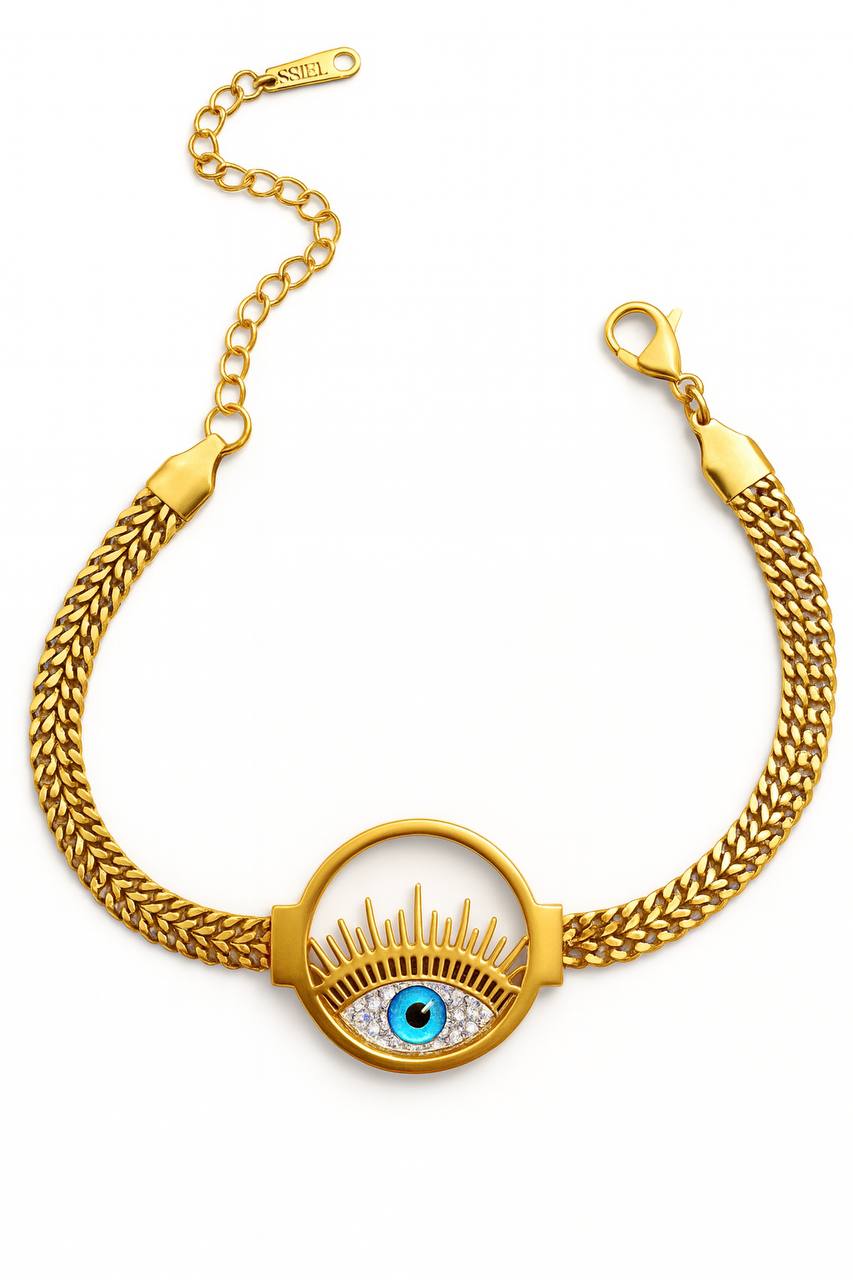 Stainless Steel Crystal Evil Eye Mesh Bracelet – Gold