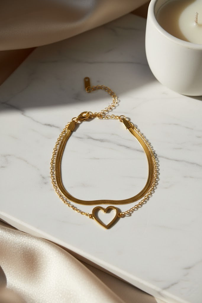 Stainless Steel Double Layer Open Heart Charm Bracelet – Gold