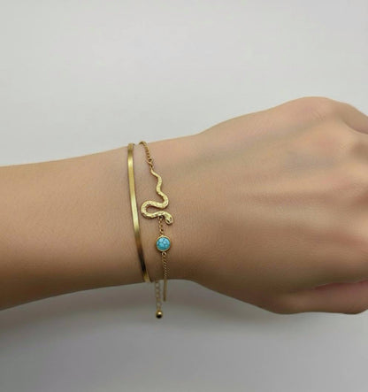 Stainless Steel Snake Design Bracelet with Turquoise Bead – Gold