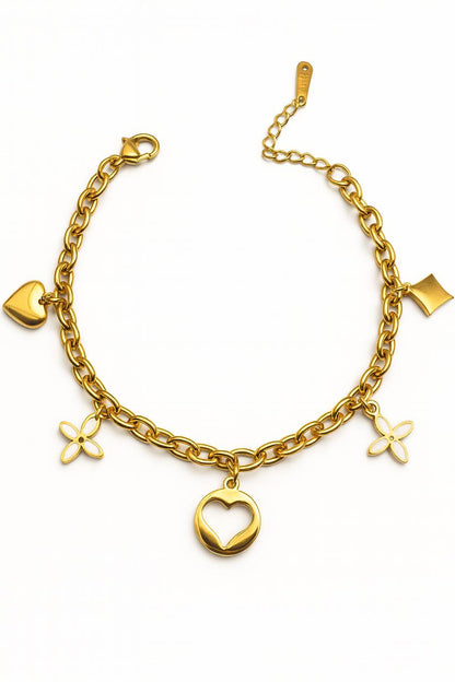 Stainless Steel Hearts & Rose Charm Bracelet – Gold