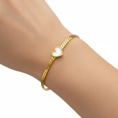Stainless Steel Snake Chain White Heart Charm Bracelet – Gold