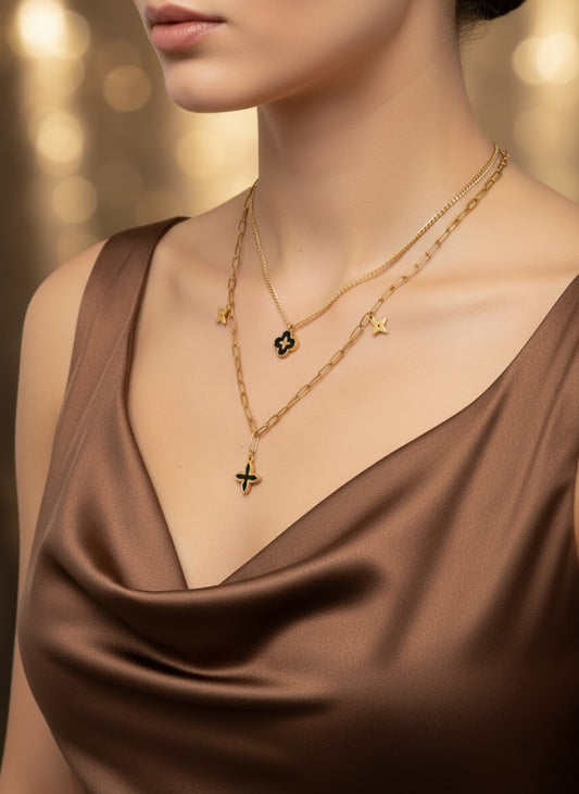 Stainless Steel Layered Clover & Star Pendant Necklace – Gold