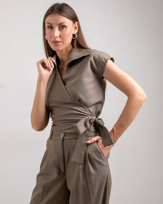 Textured Woven Wrap Blouse - Brown