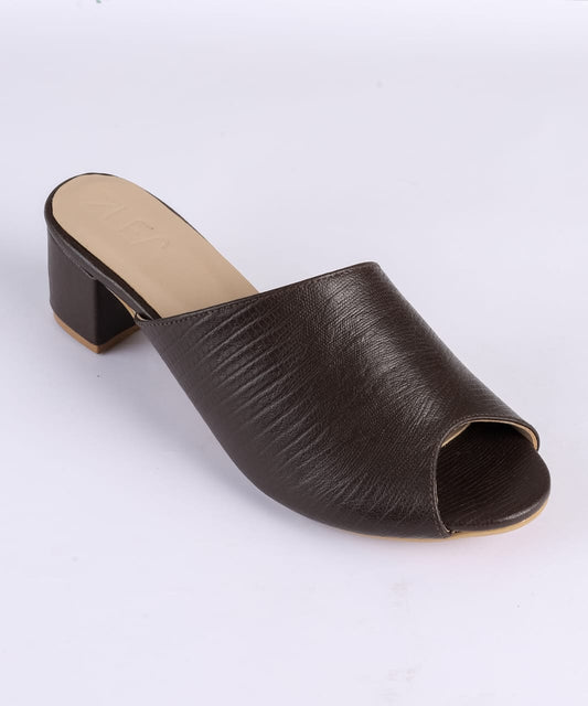 Slip-On Block Heel Slippers - Brown