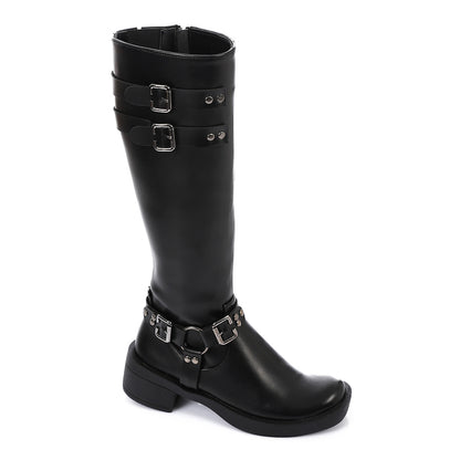 Faux Leather Adorned Boots With Buckles - Black
