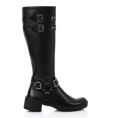 Faux Leather Adorned Boots With Buckles - Black