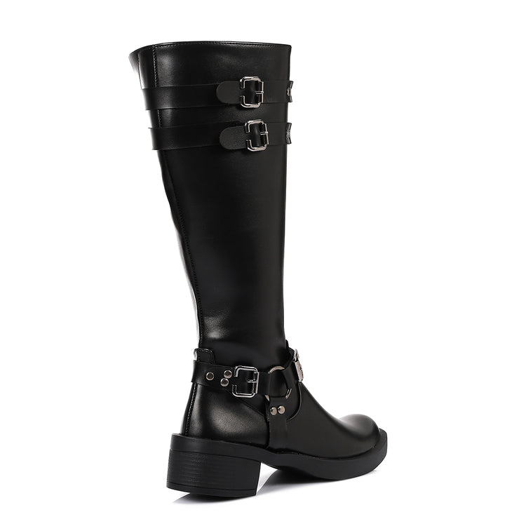 Faux Leather Adorned Boots With Buckles - Black