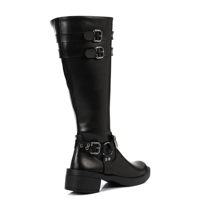 Faux Leather Adorned Boots With Buckles - Black