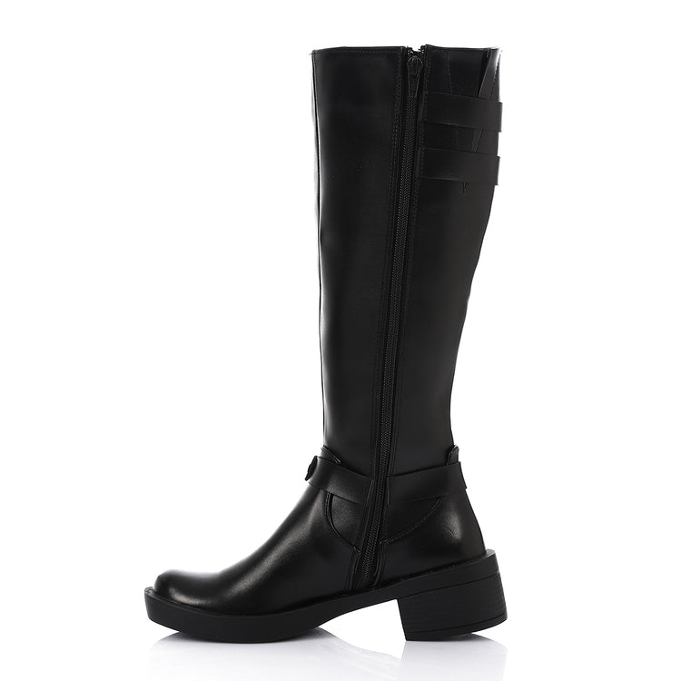Faux Leather Adorned Boots With Buckles - Black