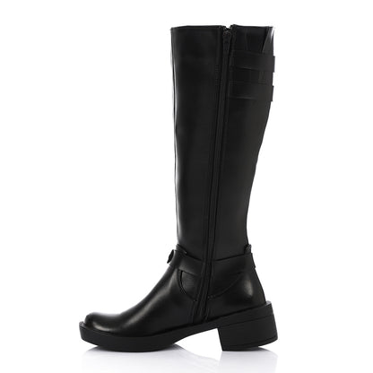 Faux Leather Adorned Boots With Buckles - Black