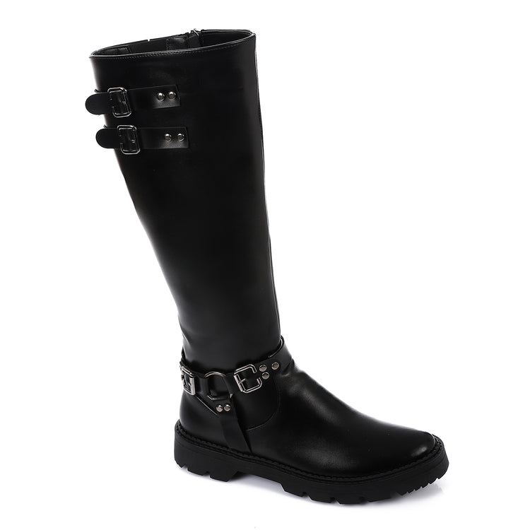 Faux Leather Solid Knee-High Boots - Brown