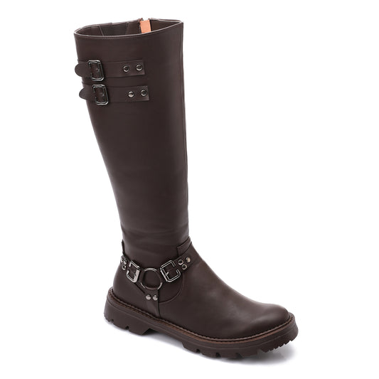Faux Leather Solid Knee-High Boots - Brown