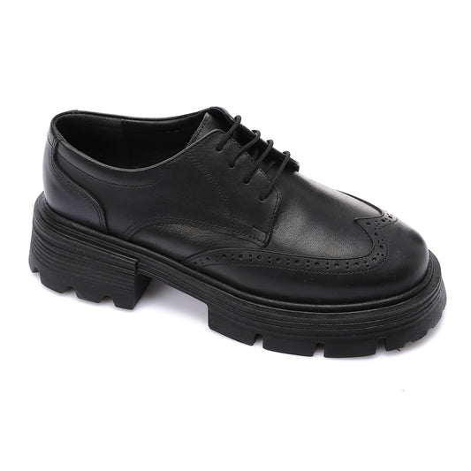 Leather Solid Lace-Up Shoes - Black
