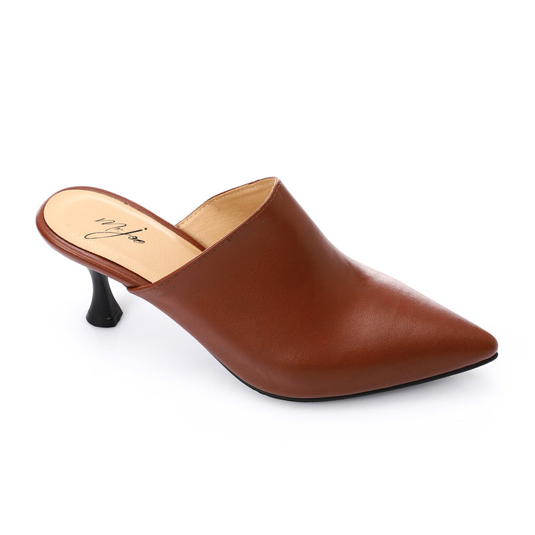 Faux Leather Almond Toe Mule Heels – Brown
