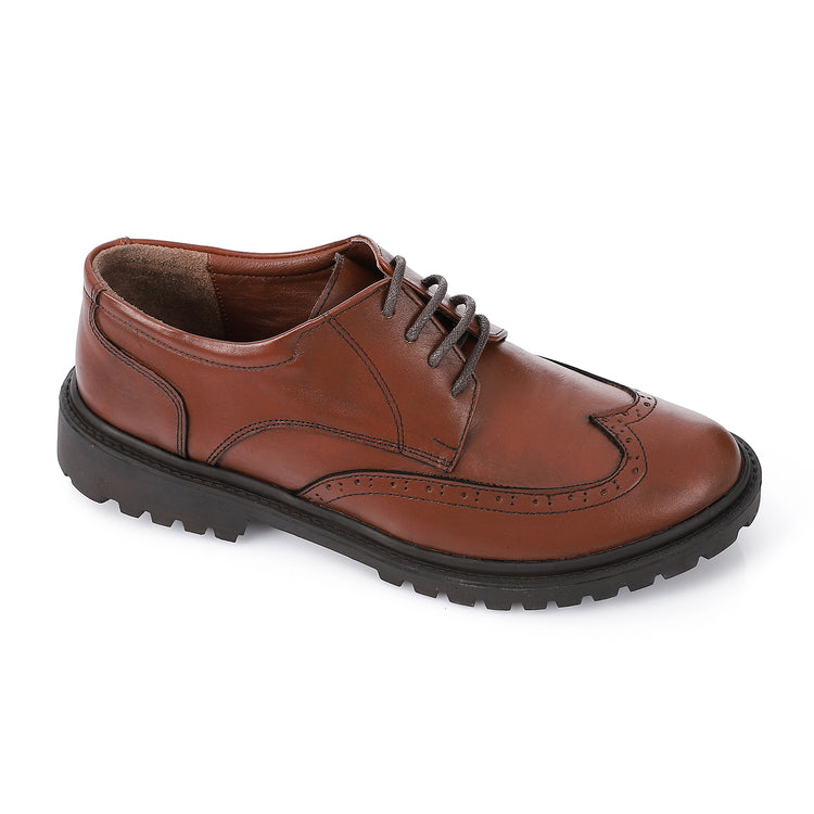Leather Lace-Up Chunky Heel Shoes – Brown