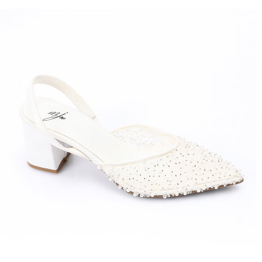 Embellished Mesh Slingback Block Heel Pumps - White