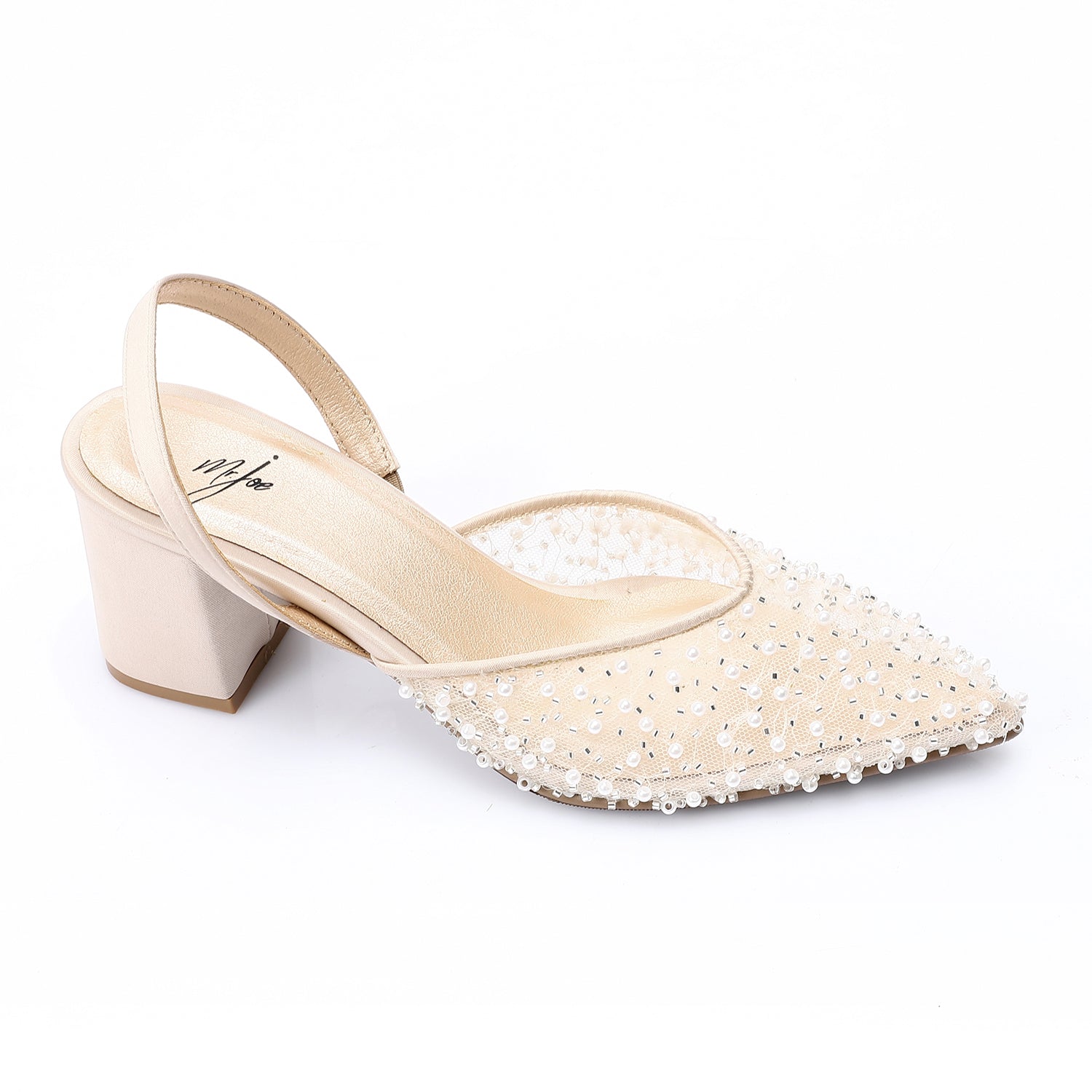 Embellished Mesh Slingback Block Heel Pumps - Beige
