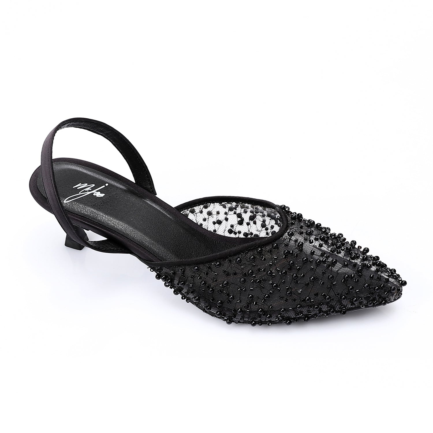 Embellished Sheer Mesh Slingback Pumps - Black