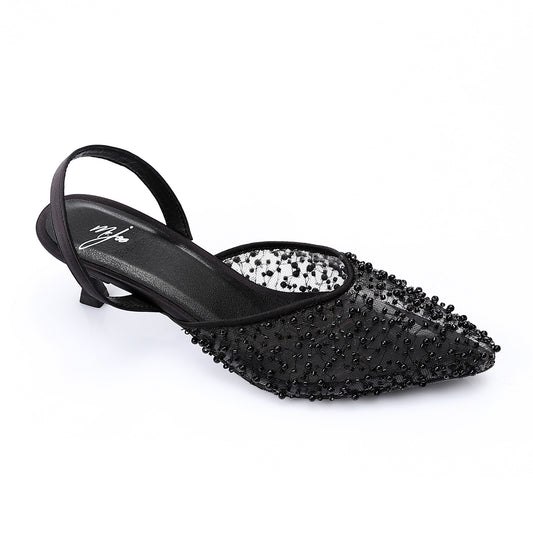 Embellished Sheer Mesh Slingback Pumps - Black