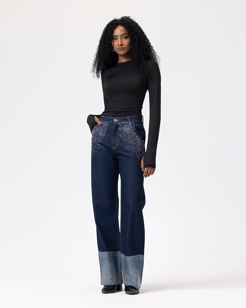 Denim Shimmery Fold-Up Pants - Dark Blue