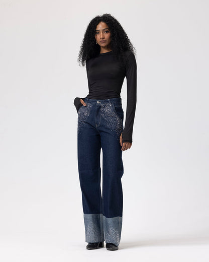 Denim Shimmery Fold-Up Pants - Dark Blue